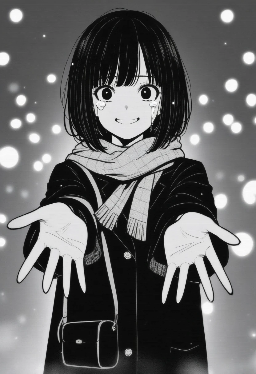 masterpiece, best quality, 1girl, mamerakkkkko, grayscale, manga style, japanese, chi no wadachi, black eyes, street, iced, black hair, schoolbag, smile, lineart, black coat, black scarf, black pleated skirt, leggins, centered, 18 years old, tall, fair skinned, bokeh background, crying, tears, tears streaming, bob cut, light particles, centered, snowing, (((reaching out a hand to viewer)))
