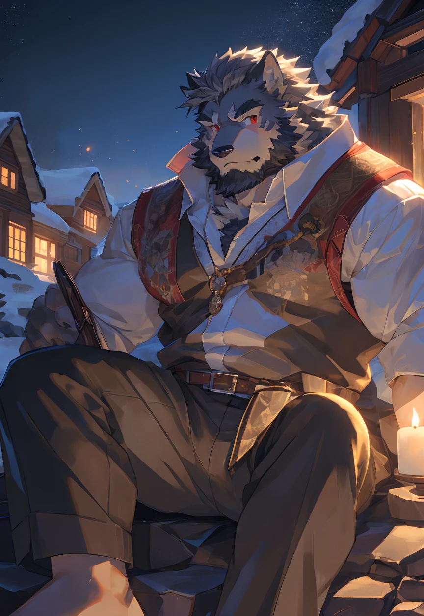 (off white),(farmer装扮),Orc holding a puppy,Great posture,Sitting quietly on the edge of the cliff,(The background is a sunny and pastoral scenery.:1.2),Abdominal muscles,Honest,Facing the camera,完美的masterpiece,Various facial details,Close-up view,specific description,masterpiece,CG,(Red Eyes),off white色图案,off white尾巴,farmer,heroic,Wolf,off white相间的毛皮,Detailed facial details,Half Body,(barefoot),(Long feathers),((middle aged)),(Face Focus),(16K),HD,off white相间的腹部,Cottage,beard,(Facial lines),Heterochromia,(Brown Farm Clothes),(Gray hair),Strong,muscle,(high resolution:1.3),(Sitting on the cliff and watching the lights of thousands of houses)
