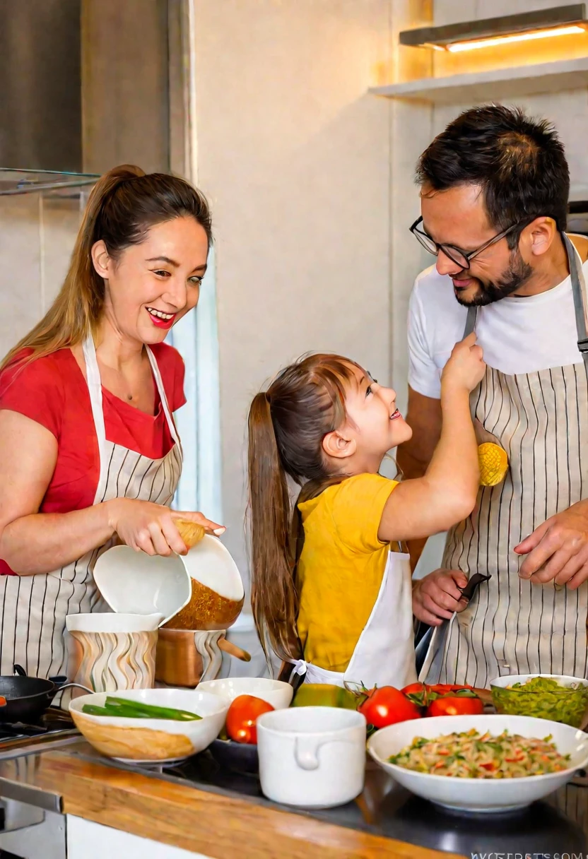 araffes and a woman and a are In the kitchen, cooking, Wearing an apron, In the kitchen里, photo, lifestyle, gourmet food, In the kitchen, French, family, cooking show, happy , Husband, wife, son, children, European, shutter, healthy, photography, 营销photo, Mixed Art, Warm and convivial atmosphere