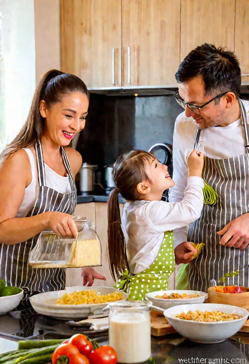 araffes and a woman and a are In the kitchen, cooking, Wearing an apron, In the kitchen里, photo, lifestyle, gourmet food, In the kitchen, French, family, cooking show, happy , Husband, wife, son, ren, European, shutter, healthy, photography, 营销photo, Mixed Art, Warm and convivial atmosphere