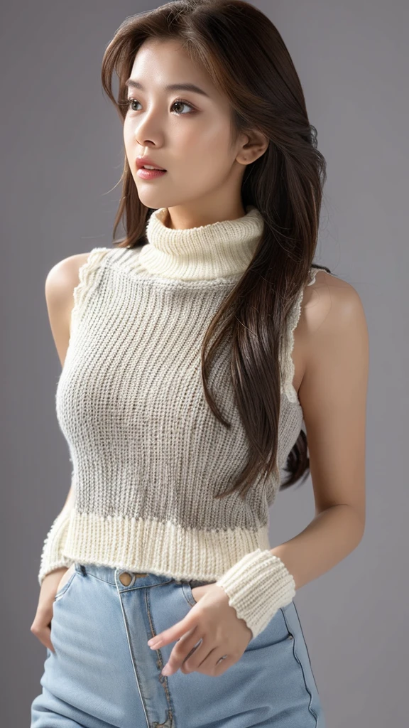 (detailed face),((crotch)),breasts,pretty,sleeveless and turtle neck white Knitted clothes,4k ,super high resolution ,(photo-realistic: 1.7),gray background,long hair,