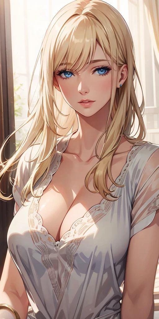 Realistic, Elegant mature woman, blonde hair, blue eyes, soft light, 4k resolution, high quality
