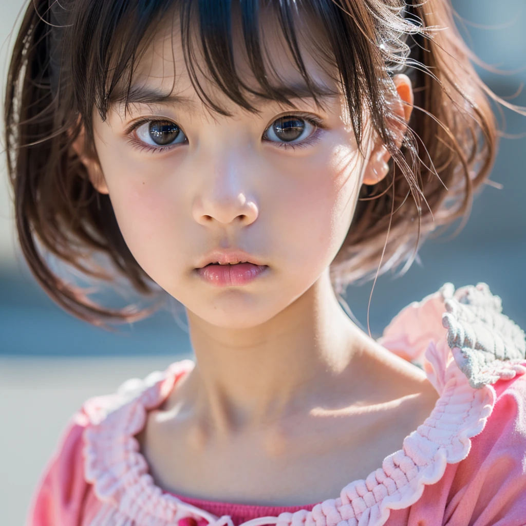 正面を見てrageして睨みつけている, White background, Lift your eyes up, Ultra HD、128k、Masterpiece、A 、 clavicle, RAW Photo、A girl with big eyes wearing light pink clothes、Long face, Professional Lighting、Japanese anime style, Angry, Angry, rage