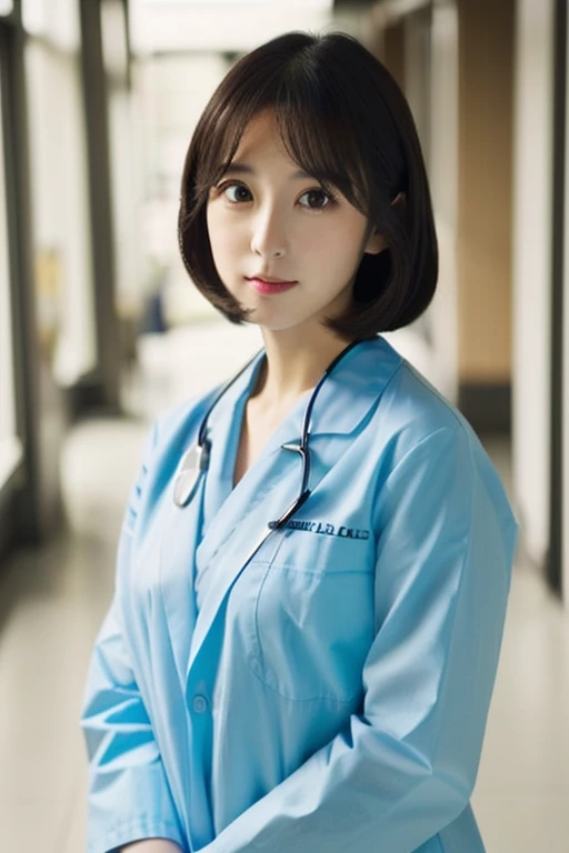 1girl, solo, looking at viewer, black hair, Japanese female doctor, (open white labcoat), teal scrubs, brown eyes, parted lips, white thighhighs, cowboy shot, standing