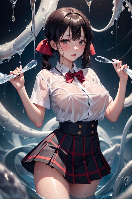 jk school girl uniform , skirt dark red , plaid skirt , pleated skirt , Tight shirt , white Shirt , school girl twin tails hair , red knot , red bow , Ultra high definition、Highest image quality、realistic images、hair cut short、Clothes are soaked and see-through、My clothes are soaked and shiny 、look up and endure the pain , 、超super big breasts、Being squeezed by a tentacle monster、My whole body is soaked wet、drenched in sweat、sweaty、Are crying、being strangled、Sticky liquid clings to the body、（suspended from above by an iron collar:1.8）、（Sticky liquid clings to the body:1.8）、（legs tied with rope:1.９）、（Shibari:３.９）、（Ropes all over the body:1.4）、jk school girl being attacked by tentacles、numerous tentacles envelop the body,、Countless tentacles wrapped around jk school girl uniform Shirt、A large amount of water is released from the tip of the tentacle..、（super big breasts:1.7）、(Both arms are pulled left and right by tentacles:1.8）、（A tentacle pulls one leg back:1.9）、black stockings　place your hands behind your back　shibari、（look up and endure suffering:1.９）、（Close your eyes and endure the pain:1.9）、（soaking wet:1.5）、（sweatyの:1.９）、（drenched in sweat:1.９）、（open your mouth and suffer:1.９）、、（Water drips from the whole body:1.5）、（spread your legs wide:1.5）soaking wet、sweaty、drenched in sweat、soaking wet、I got soaked all over.、soaking wet、My whole body was torn apart、、soaking wet、soaking wet、Juice is dripping all over the body、My whole body is soaked、soaking wet、（tentacles entangled in the chest:1.8）、（My whole body is soaked:1.5）、（Getting entangled in tentacles:1.8）、Juice is dripping all over the body、My whole body is soaked、soaking wet、（tentacles entangled in the chest:1.8）、（My whole body is soaked:1.5）、（Getting entangled in tentacles:1.8）、（（My clothes are soaked and shiny:1.5））、（（（Clothes are soaked and see-through:1.8））） , twin tails hair