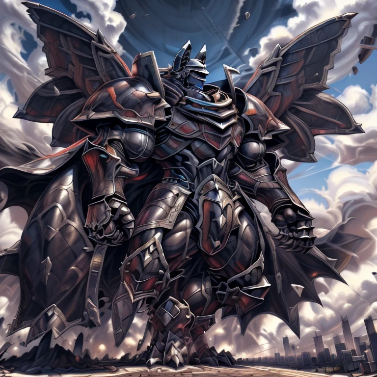 (GIANT mechanical Machamp rampage through a city, crushing buildings beneath their unstoppable metal frames), (official art,
best quality, highly detailed) (terrifying and imposing design,
smoke and flames rising from the destruction in the background, a lone figure)
(high-tech bio-mecha armor, metallic, real texture material) (Machamp, 8K), (gigantic muscles, Gigachad Muscular, big muscle, pecs, triceps, traps, unusually developed muscular body, body full of huge muscles. showing off muscles, pectorales enormes, Exaggeratedly huge muscles.),(Spread wings, It has wings, have big wings, golden wings), (whole body shines like metal, Wearing cyberpunk mecha, emphasizes the muscles, suit fully made of metal, intricate armor, Robotic suit, suit fully made of metal, cyborg), (giant Machamp, Machamp's giant robot, Powered exoskeleton with the same design as Machamp), (Masterpiece, highres) (Detailed head, Detailed Body, Detailed abs, full body), (black color hyper penis, hyper black penis), Fight against humanity.