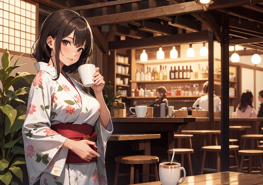 ((Highest quality)), ((masterpiece)), (detailed), One girl, yukata, Drink coffee, night,indoor, Perfect Fingers, Large Breasts