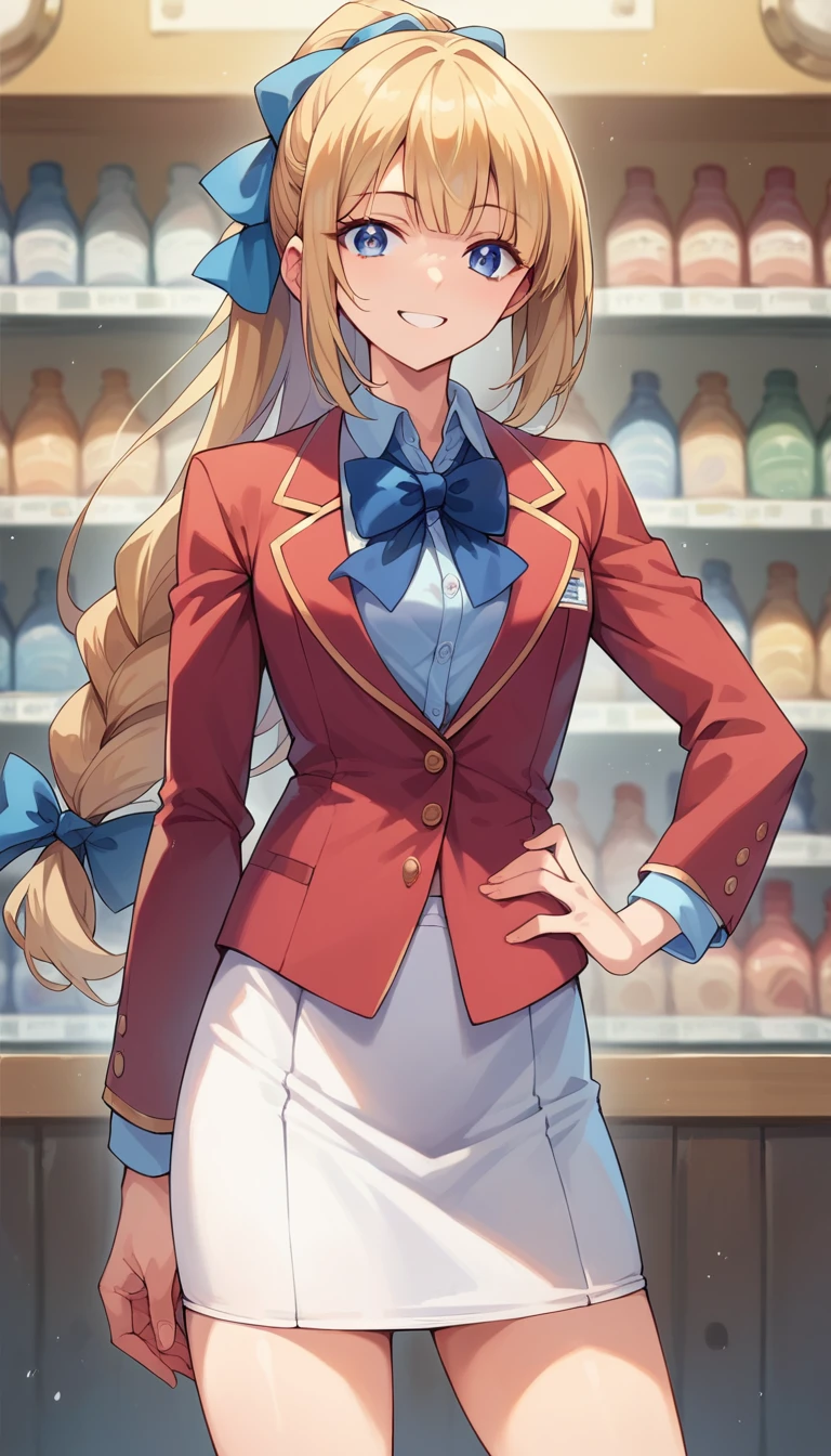 masterpiece, best quality, highres, ponytail hair, (single braid:1.2), hair ribbon, red blazer,buttoned blazer, blue bowtie, long sleeves, white skirt, standing put hands on hip,smile,cowboy shot, in cosmetic shop