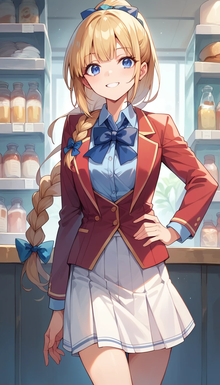 masterpiece, best quality, highres, ponytail hair, (single braid:1.2), hair ribbon, red blazer,buttoned blazer, blue bowtie, long sleeves, white skirt, standing put hands on hip,smile,cowboy shot, in cosmetic shop