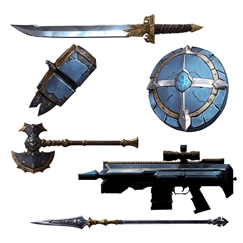 Weapon close-up, shield, Sword on a white background, RPG Game Items, rpg game inventory item, Fantasy RPG Weapon Art, weapons concept art, weaponsコンセプトデザイン, weapons, Weapon Design, weapons and armors, video Game Assets, Lots of weapons, Weapon concept art, Game Assets, makeshift weapons, RPG Items, 2 d Game Assets