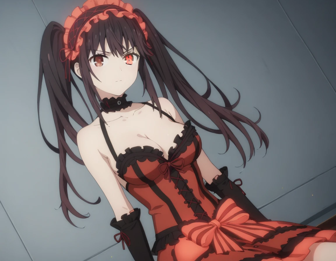 kurumi tokisaki, black hair, red eyes, long hair, twintails, yellow eyes, hairband, heterochromia, dress, red dress unbuttoned, bare shoulders, collarbone, choker, bowtie, red bowtie, detached sleeves, corset unbuttoned, frills,  unbuttoned,sitting,legs open, looking at viewer, cowboy shot, dutch angle,showing naked br, medie breasts, showing naksts(cowboy photo: