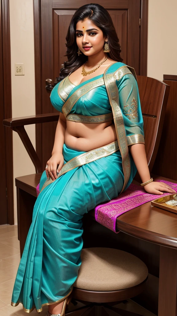 Beautiful girls smooth face full body plus size curve wearing saree blues full body plus size curve location Indore , breast size large breast tight . Picture quality 8k 16k, location electricity control, room sit down chair, stylish female 