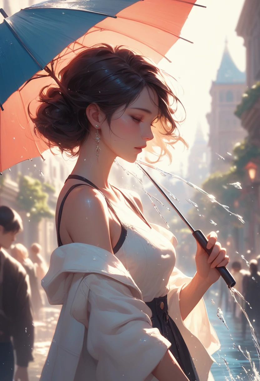 score_9, score_8_up, score_7_up, score_6_up, score_5_up, score_4_up, 2.5D, extremely detailed, delicate, flashy and dynamic depiction, beautiful woman holding umbrella and having fun, like a scene from a movie, Iridescent rain pouring down, water splashing, sunlight spilling through the gaps in the clouds, sparkling effects