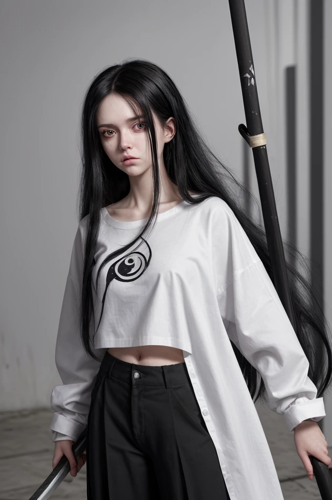 Girl, white skin, black hair, long hair, messy hair, black eyes, dark clotches, holding a scythe, shirt is short, wide and white whit a top black underneath, her pants is wide too, black with weapons around, She has slight dark circles under her eyes