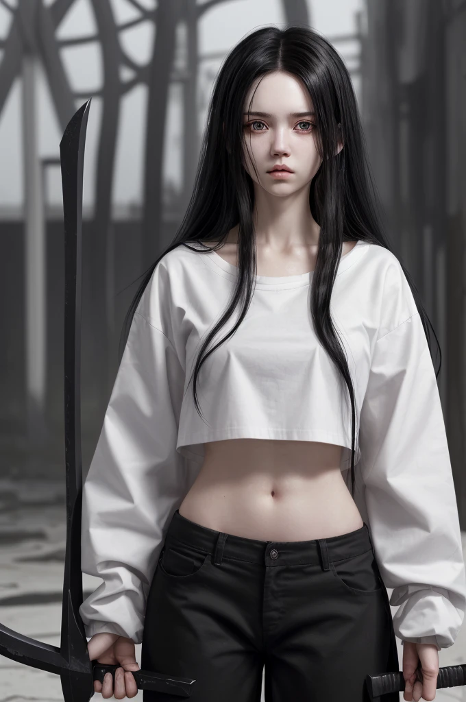 Girl, white skin, black hair, long hair, messy hair, black eyes, dark clotches, holding a scythe, shirt is short, wide and white whit a top black underneath, her pants is wide too, black with weapons around, She has slight dark circles under her eyes