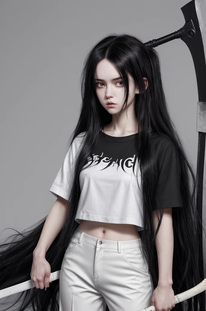 Girl, white skin, black hair, long hair, messy hair, black eyes, dark clotches, holding a scythe, shirt is short, wide and white whit a top black underneath, her pants is wide too, black with weapons around, She has slight dark circles under her eyes