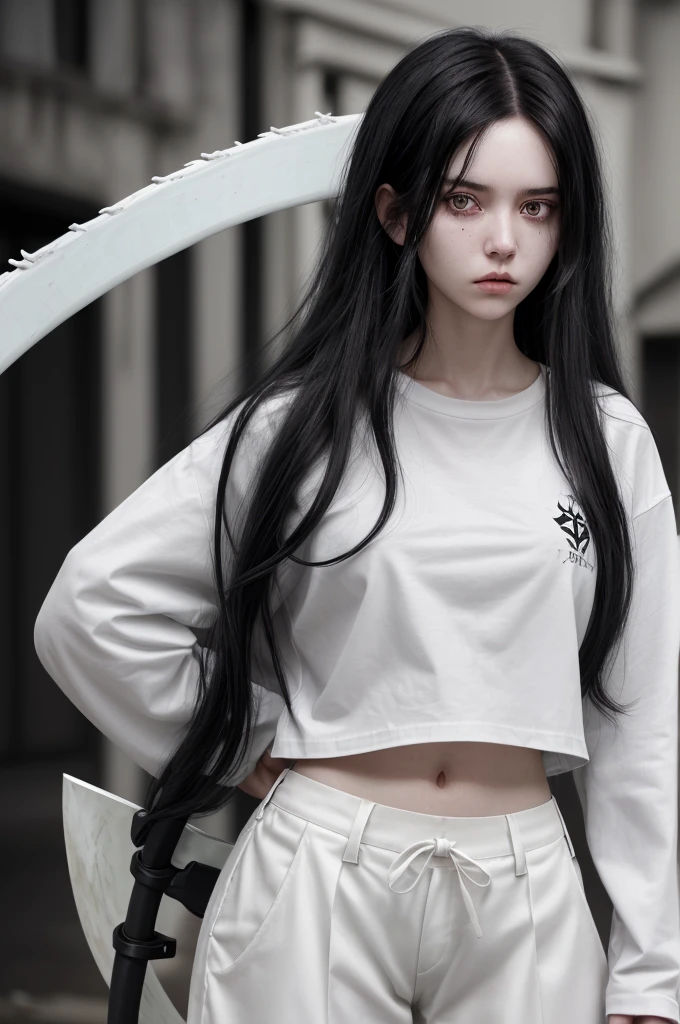 Girl, white skin, black hair, long hair, messy hair, black eyes, dark clotches, holding a scythe, shirt is short, wide and white whit a top black underneath, her pants is wide too, black with weapons around, She has slight dark circles under her eyes