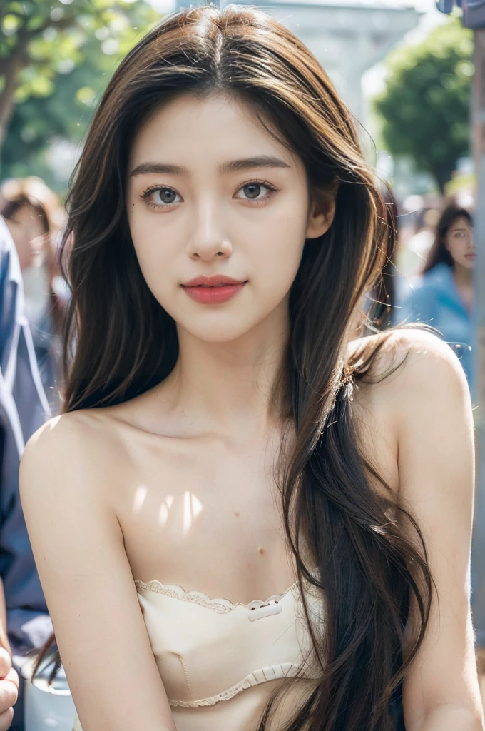 (Extremely meticulous CG),(((8k))),wallpaper,((Extremely refined and beautiful)),(((Masterpiece))),(((best qualtiy))),(((Ultra High Resolution))),realistic shaded,(Smooth and flawless fair skin:1.5),(Extremely exquisite facial details:1.2),(ultra-detailed:1.5),((a beautiful girl,solo)),(shoulder length straight hair:1.3),(small head:1.2),(slender face:1.2),(Exquisite makeup:1.3),(happy:1.2),(laughing:1.2),(perfect body:1.2),(strapless bra:1.5),(small breasts:1.3),(flat chest:1.2),((slim,thin)),(from front:1.3),(at the schoolgate:1.5),(urban landscape:1.3),(outdoor:1.3),(summer:1.3),(day scene:1.3),(afternoon sunshine:1.3),(close-up of face:1.3),(surrounded by crowded crowds:1.5)