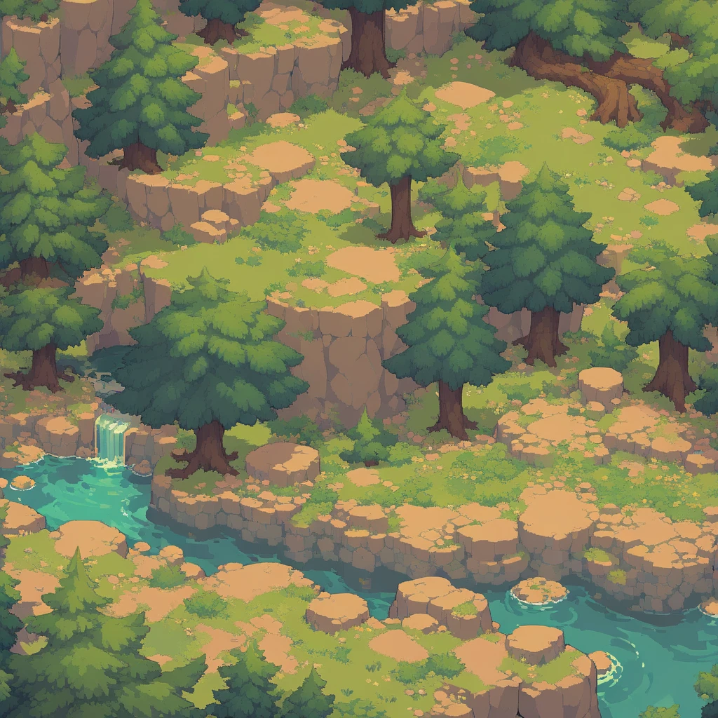 retro video game style,pixelated, vibrant pastel colors,8-bit characters,blocky shapes,sharp lines,detailed shading,classic gaming vibe,nostalgic atmosphere,classic arcade games,masterpiece:1.2,ultra-detailed,illustration style, 2d texture, stone texture, 4 k seamless mud texture, video game texture, dirt texture, tileset, game tiles, grass, trees, rock texture, detailed trees, topdown view, game texture, game art, tileable texture, very detailed cliff texture, intricate stones, top down view, 3/4th perspective