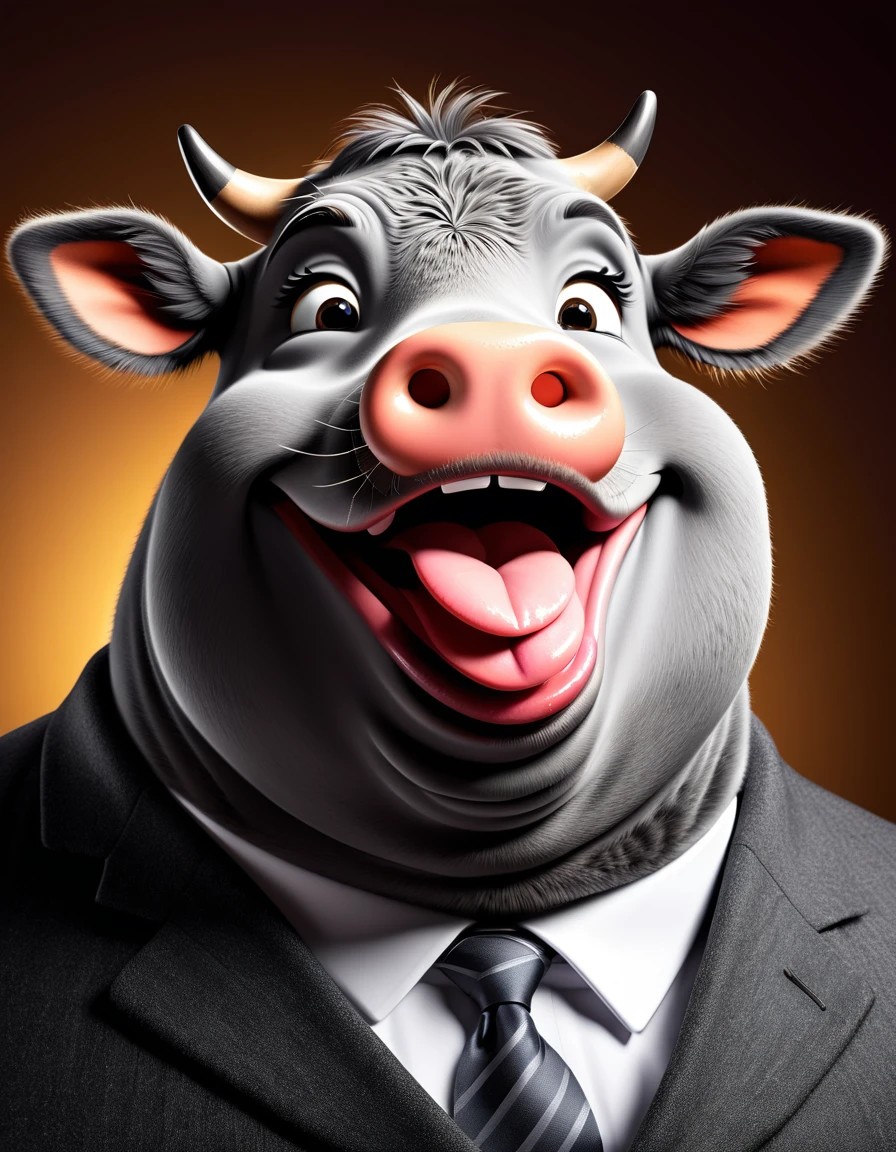 face close up photo of anthropomorphic fat cow,(furry), dressed in a dark gray suit, (sticking out tongue:1.5),(happy smile:1.5),(naughty look), roomlighting, Cinematic, hdr, primitive, Intricate, High quality, smoothing tones, Intricate details, Low contrast,(viewed from side above:2.0), (looking up to the side:2.0), simple background