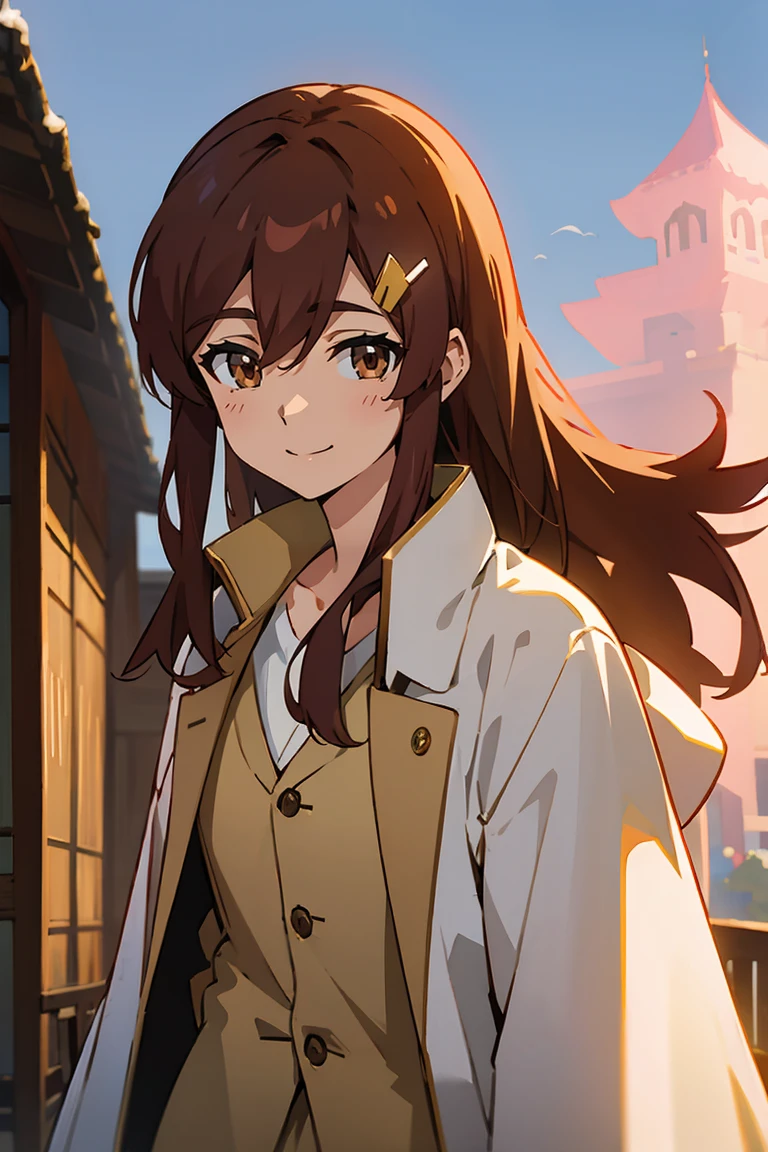 (masterpiece, best quality:1.2), shion shishibe, 1girl, buttons, coat, jacket, long sleeves, open clothes, open jacket, pants, shirt, solo, white jacket, brown eyes, reddish brown hair, coat, collarbone, hair ornament, jacket, labcoat, long hair, upper body, background with((village, old houses, outdoors, folk, fantasy world, castle, beautiful sky, shining sky, sunshine))