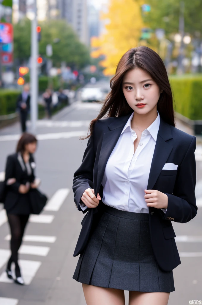 a 19 year old face of the most beautiful actress in the world, the perfect body proportions of a female, blazer is worn with formal shirt on female upper body, vagina in panties between bare legs are seen just a little thanks to skirt is too short, sexy tight skirt suit of a female, standing, at the city street, nsfw, best quality, highly detailed, masterpiece, ultra high res, photo realistic, 8k