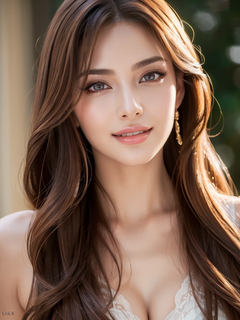beautiful woman, narrow waist, perfect figure, beautiful eyes, long eyelashes, lustrous lips, perfect body, beautiful skin, (best quality,4k,8k,highres,masterpiece:1.2),ultra-detailed,(realistic,photorealistic,photo-realistic:1.37), cinematic scene, beautiful smile, fashion model, long chestnut hair, attractive clothing, beautiful ornaments