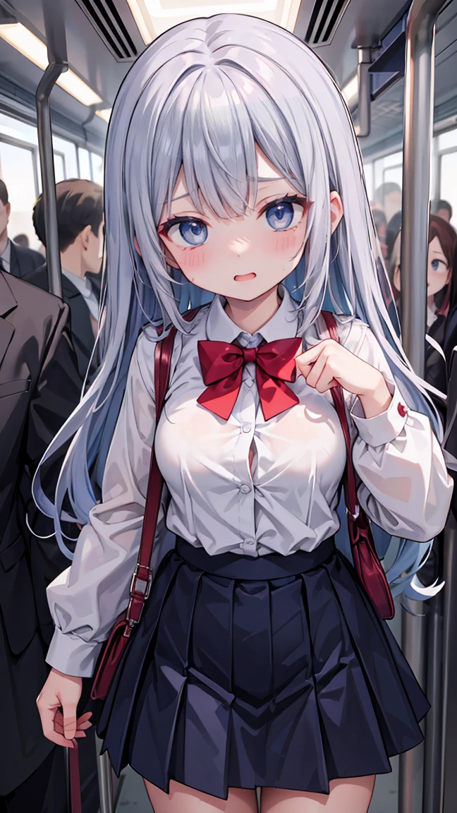 Crowded train、One pretty woman、Many passengers、Best image quality、High resolution、masterpiece、super high quality、Lori、Girl ,Silver Hair, Bright Blue Eyes, Mid-chest,Red bow tie, Dark blue pleated skirt, Long sleeve shirt, Dark Blue Vest、Blushing、4K quality、Reached orgasm、Heavy breathing、From directly below、From directly below、1 personの女の子, Raise your arms, 1 person, {{Molester}}}, Inside the train, Crowded, Crying face、(Clothes are taken off)、(1 Girl)++, (masterpiece)+++, (Highest quality)+++, (Super cute)+++, , (Roll up your shirt), Out of place bra ,Crowded train, (Many men standing behind a girl )++, Dynamic pose, Dynamic hand movements, (Grab your chest)+++, ((Molester))