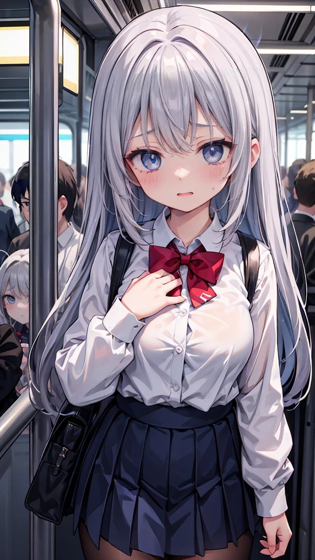 Crowded train、One pretty woman、Many passengers、Best image quality、High resolution、masterpiece、super high quality、Lori、Girl ,Silver Hair, Bright Blue Eyes, Mid-chest,Red bow tie, Dark blue pleated skirt, Long sleeve shirt, Dark Blue Vest、Blushing、4K quality、Reached orgasm、Heavy breathing、From directly below、From directly below、1 personの女の子, Raise your arms, 1 person, {{Molester}}}, Inside the train, Crowded, Crying face、（Clothes are taken off）、(1 Girl)++, (masterpiece)+++, (Highest quality)+++, (Super cute)+++, , (Roll up your shirt), Out of place bra ,Crowded train,  (Many men standing behind a girl )++, Dynamic pose, Dynamic hand movements, (Grab your chest)+++, ((Molester))