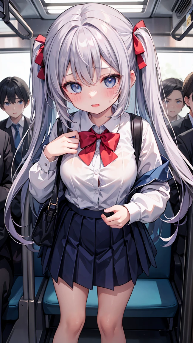 Crowded train、One pretty woman、Many passengers、Best image quality、High resolution、masterpiece、super high quality、Lori、Girl ,Silver Hair, Bright Blue Eyes, Mid-chest,Red bow tie, Dark blue pleated skirt, Long sleeve shirt, Dark Blue Vest、Blushing、4K quality、Reached orgasm、Heavy breathing、From directly below、From directly below、1 personの女の子, Raise your arms, 1 person, {{Molester}}}, Inside the train, Crowded, Crying face、(Clothes are taken off)、(1 Girl)++, (masterpiece)+++, (Highest quality)+++, (Super cute)+++, , (Roll up your shirt), Out of place bra ,Crowded train, (Many men standing behind a girl )++, Dynamic pose, Dynamic hand movements, (Grab your chest)+++, ((Molester))