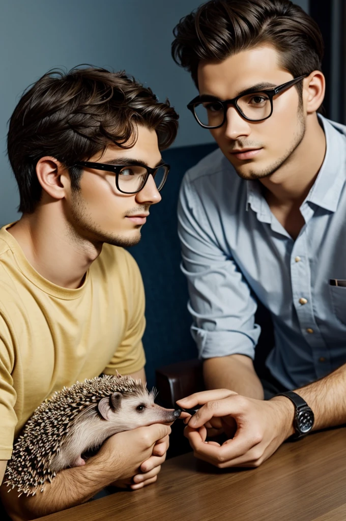 A hedgehog and young man with glasses