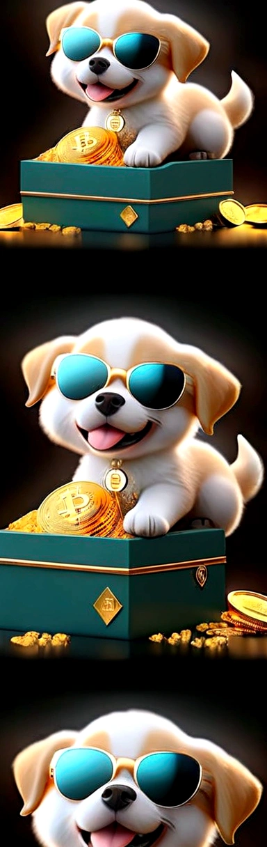 ,Cute puppy、Bitcoin、Cryptocurrency、rich、sunglasses、hat、hatのロゴに「D」It says in large letters:、Dynamic Jumps、Real、photograph、8K、cigar(((Too big diamond 1:9)))、Riding on a big diamond、Gold bars covering the entire wall、Jewels overflowing from a treasure chest(((D mark)))