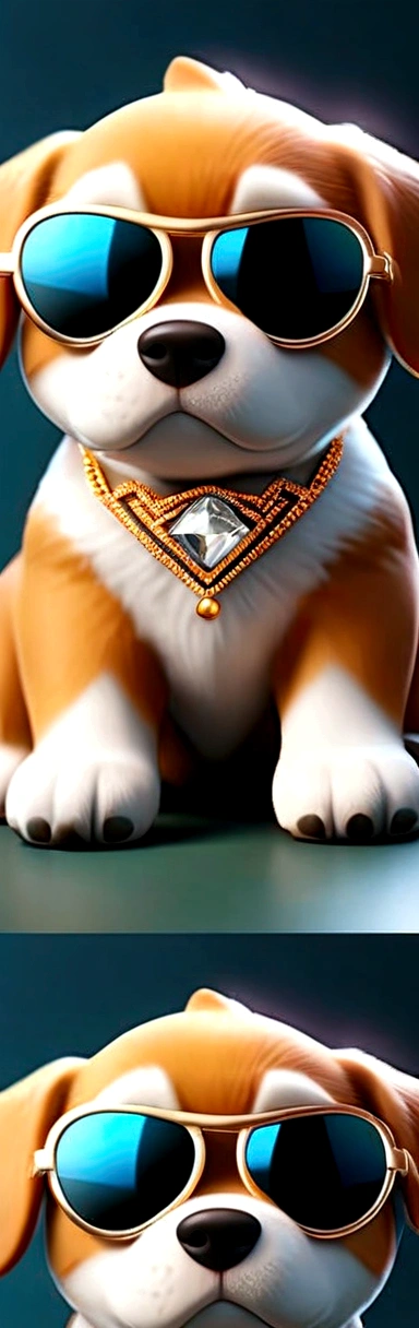 ,Cute puppy、Bitcoin、Cryptocurrency、rich、sunglasses、hat、hatのロゴに「D」It says in large letters:、Dynamic Jumps、Real、photograph、8K、cigar(((Too big diamond 1：9)))、Riding on a big diamond、Gold bars covering the entire wall、Jewels overflowing from a treasure chest(((D mark)))