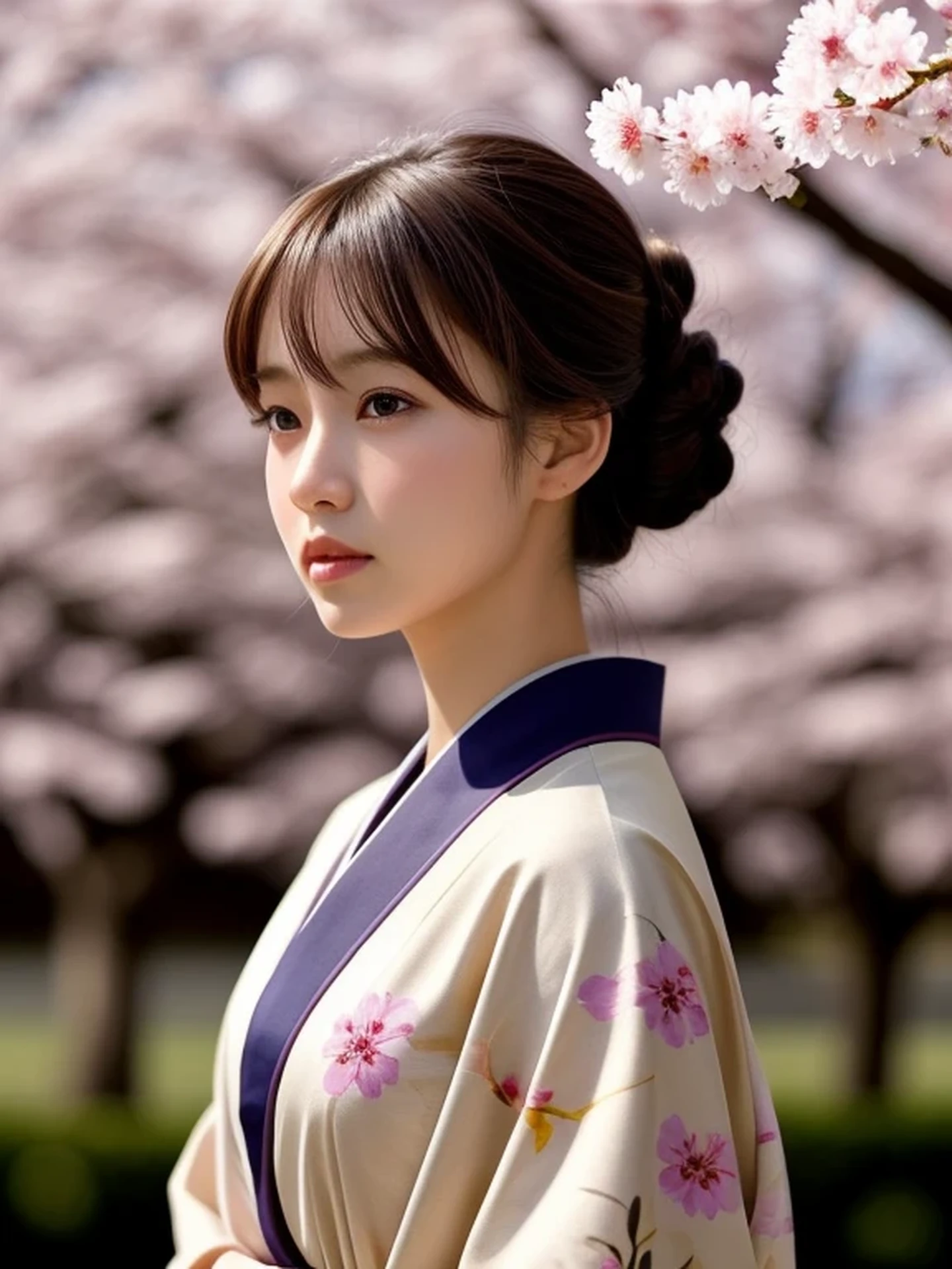 1 Japanese girl, (looking away:1.4), (upper body shot:1.2), Beautifully detailed eyeballs, catchlight in the eyes, Realistic digital painting of a woman portrait, Shy, Cute, open mouth to say something, sad, brown eyes, (half updo,:1.1), (light brown brunette hair:1.3), (Highly detailed skin:1.2), Mystical style, Global Illumination, Traditional Japanese floral printed Kimono, A silk kimono with a deep purple base. A garden with many blooming Cherry blossom trees