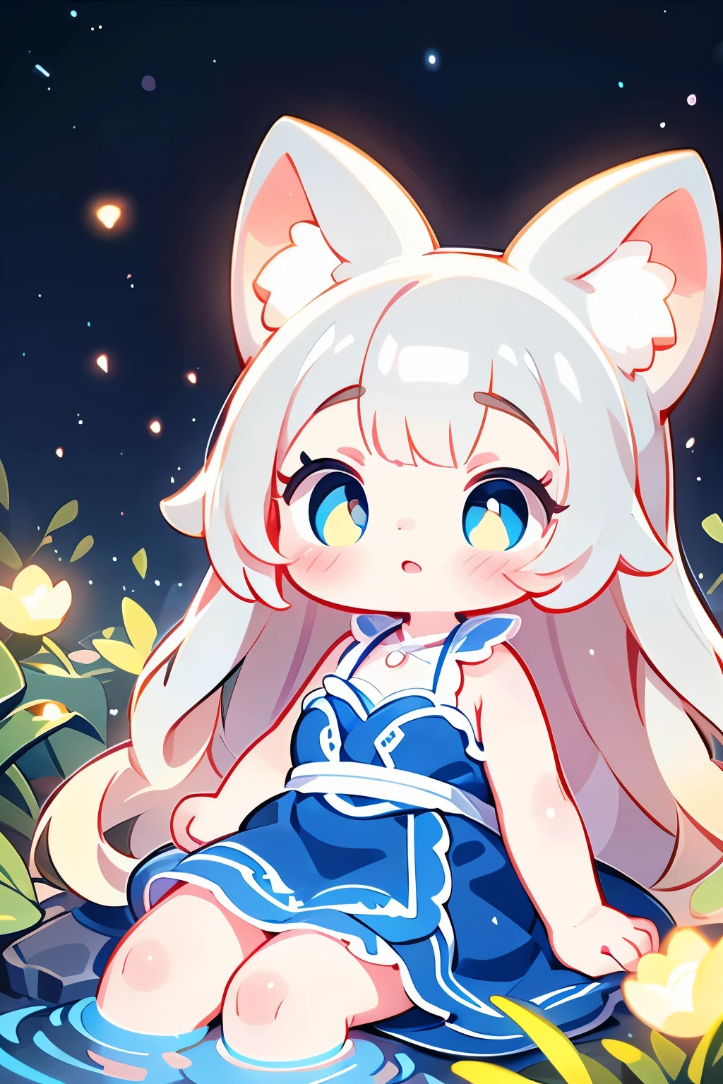 a chibi girl doll, detailed girl, beautiful detailed eyes, beautiful detailed lips, extremely detailed face, long eyelashes, intricate details, porcelain skin, cute expression, sitting on the riverside, riverside night view, fireflies, bioluminescent plants, ambient glowing lights, cinematic lighting, vibrant colors, warm color palette, photorealistic, 8k, hyper detailed, masterpiece, concept art