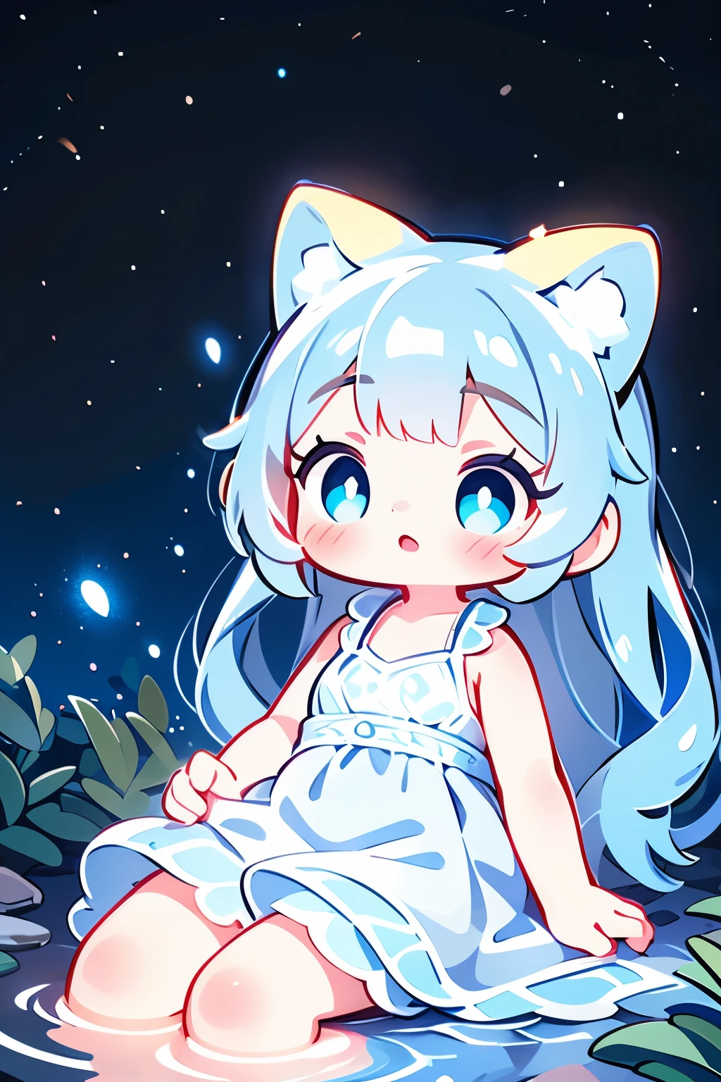 a chibi girl doll, detailed girl, beautiful detailed eyes, beautiful detailed lips, extremely detailed face, long eyelashes, intricate details, porcelain skin, cute expression, sitting on the riverside, riverside night view, fireflies, bioluminescent plants, ambient glowing lights, cinematic lighting, vibrant colors, warm color palette, photorealistic, 8k, hyper detailed, masterpiece, concept art