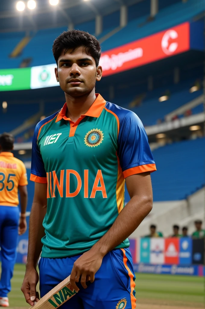 In a vibrant stadium, a 20-year-old boy intently watches the India vs Pakistan T20 World Cup match. He is dressed in an Indian cricket team jersey with "Anuj yadav, 63" prominently displayed in bold font. The image is detailed and captured in stunning 4K resolution.