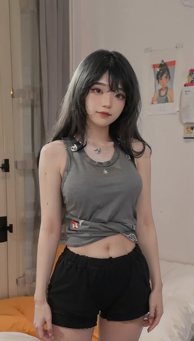 (1 girl:1.3)、Emiru, Twitch Streamer Emiru, solo、__body parts__、official art、unity 8k wallpaper、super detailed、Cosmetology and aestheticaster piece、best quality、fantastic atmosphere、calm color palette、feeling calm、soft shades, ((((grey tank top, black shorts))))、charisma spell、vignette、Duties of a nun、look at the camera，light smile，the biggest：1.4