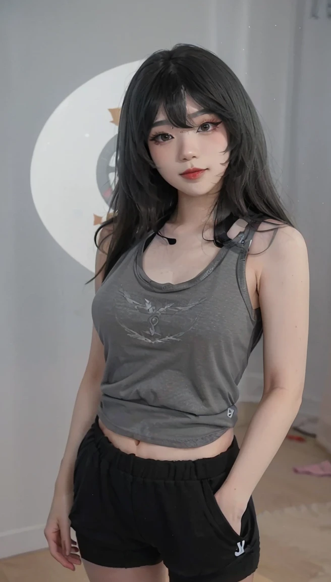 (1 girl:1.3)、Emiru, Twitch Streamer Emiru, solo、__body parts__、official art、unity 8k wallpaper、super detailed、Cosmetology and aestheticaster piece、best quality、fantastic atmosphere、calm color palette、feeling calm、soft shades, ((((grey tank top, black shorts))))、charisma spell、vignette、Duties of a nun、look at the camera，light smile，the biggest：1.4