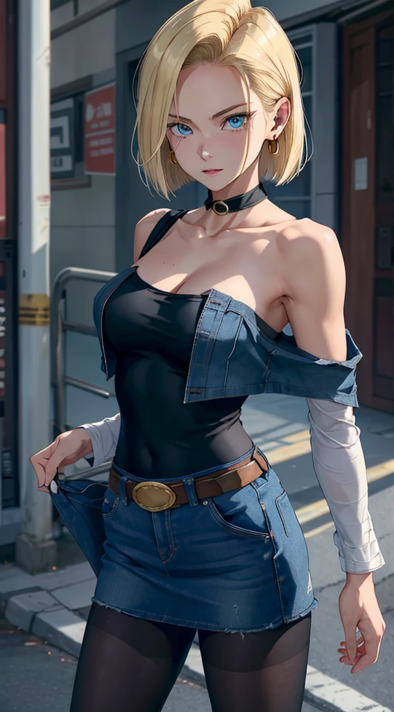 best quality, highres, and18, 1girl, android 18, solo, blonde hair, blue eyes, short hair, earrings, jewelry, denim vest, open vest, black pantyhose, black shirt, denim skirt, striped long sleeves, blue skirt, medium breasts, cowboy shot, street, (Externally expanded Chest:1.2), (Strapless:1.2), off-the-shoulder,