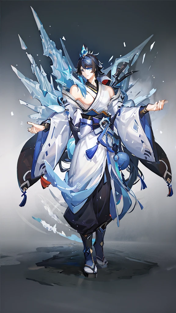 ((Genshin impact style)) (masterpiece), (high quality), (pretty boy face), 1 boy, 16 years, masculine and tall body, white skin, ((shoulder-height black hair)), ((light blue and cold eyes)), Stoic and serious expression, designs from East Asian, Game character costume design, Japanese clothing style with a dark blue, white and black color palette, Japanese hair accessories, ((White background, details of ice and snow in the background)), ((full body standing up))