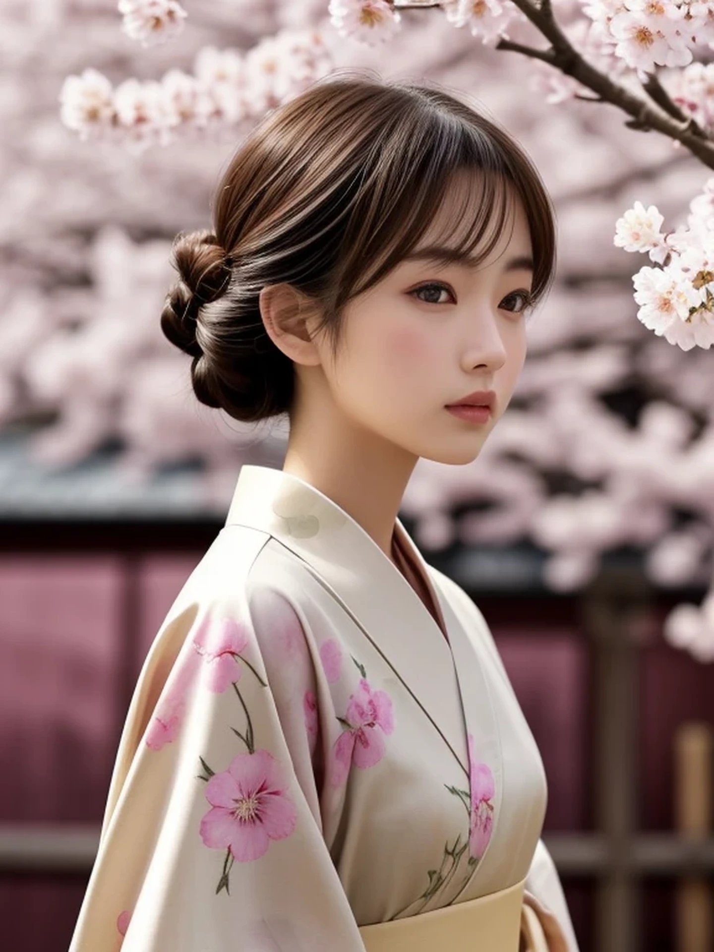 1 Japanese girl, (looking away:1.4), (upper body shot:1.2), Beautifully detailed eyeballs, catchlight in the eyes, Realistic digital painting of a woman portrait, Shy, Cute, open mouth to say something, sad, brown eyes, (half updo,:1.1), (light brown brunette hair:1.3), (Highly detailed skin:1.2), Mystical style, Global Illumination, Traditional Japanese floral printed Kimono, A silk kimono with a deep purple base. A garden with many blooming Cherry blossom trees