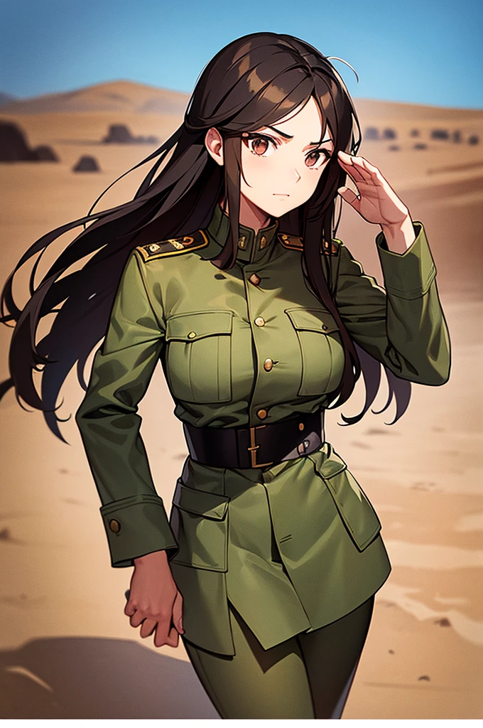 Content:
A black, adult female general with long brown hair and brown eyes. She has a mature face and is wearing a uniform loosely inspired by German military attire. She is saluting the camera with a confident and serious expression, her left hand behind her back.

Medium:
Digital art, anime illustration.

Style:
Pixiv contest winner, fine art, incorporating elements from historical military aesthetics and anime character design to emphasize a confident and mature look. Drawing style references from artists known for their strong, detailed character portrayals like Yoji Shinkawa.

Lighting:
Dramatic, with strong contrasts to highlight her authoritative presence and the details of her uniform. Subtle shadows add depth and realism, emphasizing her serious demeanor.

Colours:
A palette of military greens and browns, with subtle highlights to bring out the texture of the uniform and her facial features. The background is a desert setting, enhancing the military theme.

Composition:
A full-body shot, capturing her mature and confident demeanor. She stands tall and proud, with her right hand raised in a salute and her left hand behind her back. The desert landscape serves as the backdrop, reinforcing her military presence.