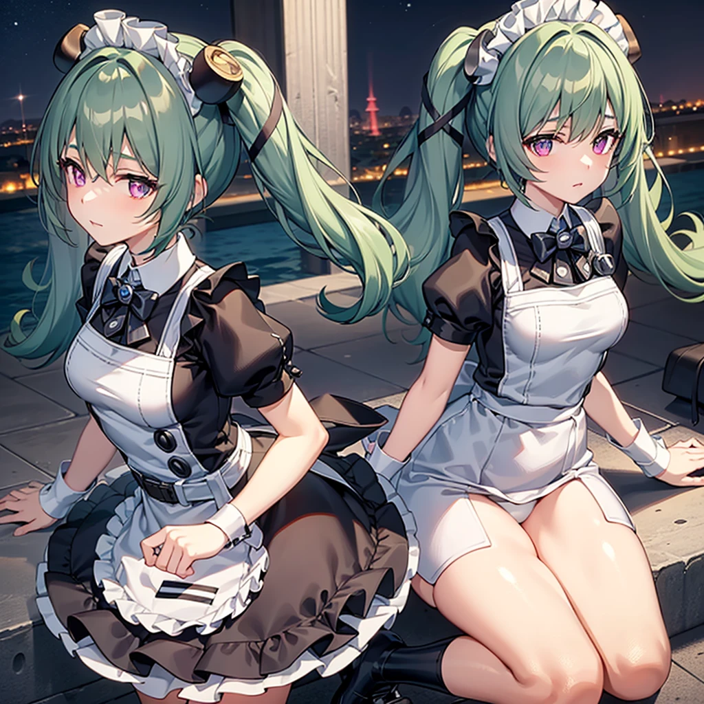 1girl,green hair,purple eyes,maid,pigtails,(tareme eyes1.5),Yandere,white panties, city night, moon