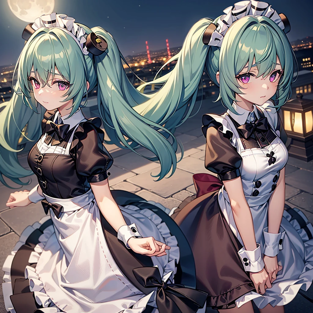 1girl,green hair,purple eyes,maid,pigtails,(tareme eyes1.5),Yandere,white panties, city night, moon