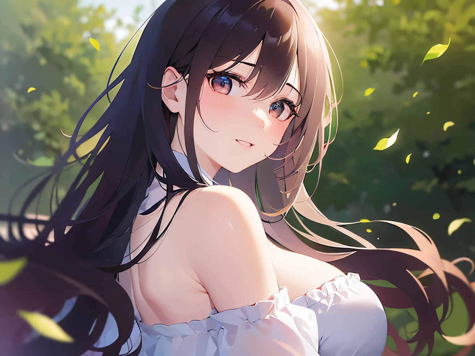  looking back, (hand up:1.5), Realistic, real person, (pale skin: 1.2), upper body, RAW photo, photorealistic, shiny skin, shiny hair、(A 35-year-old woman with medium-length hair and bangs) and (wavy hair) and (brown hair) and (Orange Eyes) , (white) and (off shoulder blouse)、big breasts、(blush:1.5), smile, The background is a park、Alone、Are standing