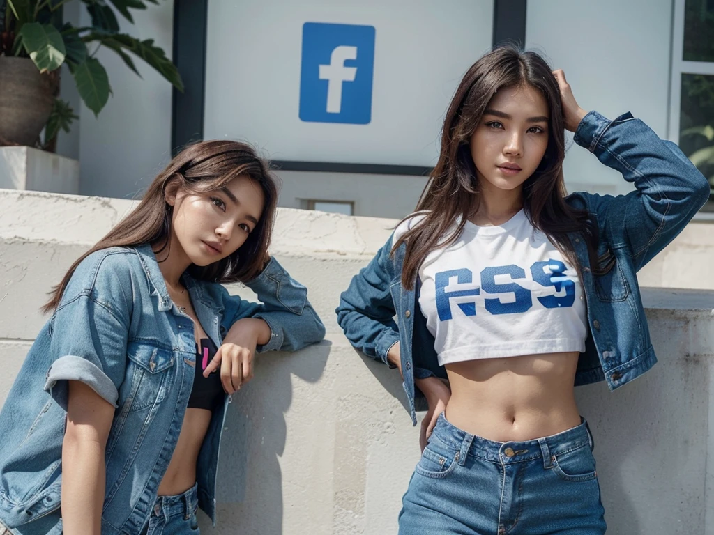 A social media group cover with several Facebook logos, Instagram, tiktok, WhatsApp, tweeter, by the name (VISUAL EDITING LEGACY) with cool style, nowadays, Modern. In the cover there is a woman who is a model who is posing, The woman looks like a Korean girl wearing a t-shirt and jacket, torn jeans are standing on the side of the cover.