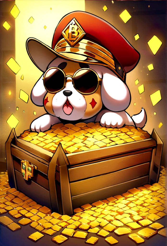 Cute puppy、Bitcoin、Cryptocurrency、rich、sunglasses、hat、hatのロゴに「D」It says in large letters:、Dynamic Jumps、Real、photograph、8K、cigar(((Too big diamond 1：9)))、Riding on a big diamond、Gold bars covering the entire wall、Jewels overflowing from a treasure chest(((D mark)))