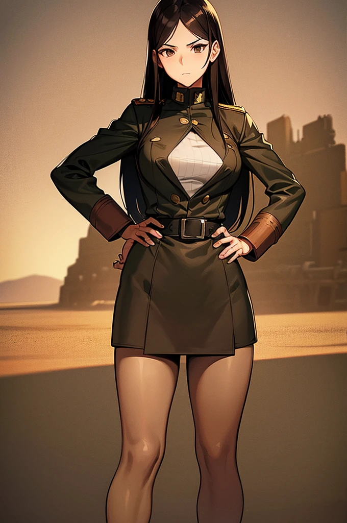 Content:
A black anime woman in a uniform inspired by German WW2 attire, standing in the desert. She has a mature face with long brown hair and brown eyes, exuding confidence and authority. She is depicted as a military general.

Medium:
Concept art, digital illustration.

Style:
Inspired by Yasutomo Oka, Pixiv, Shin Hanga, Fujita Goro, Range Murata, and Artgerm. Incorporating elements from dieselpunk aesthetics and detailed, fine art.

Lighting:
Dramatic, with strong contrasts to highlight her authoritative presence and the intricate details of her uniform. Subtle shadows add depth and realism.

Colours:
A palette dominated by military greens, browns, and desert hues, with subtle highlights to bring out the texture of the uniform and her features. The background features a desert landscape, emphasizing the military theme.

Composition:
A full-body shot, showcasing her mature and confident stance. She stands with a commanding presence, right hand saluting, and left hand behind her back. The desert environment enhances her military aura and the overall composition.