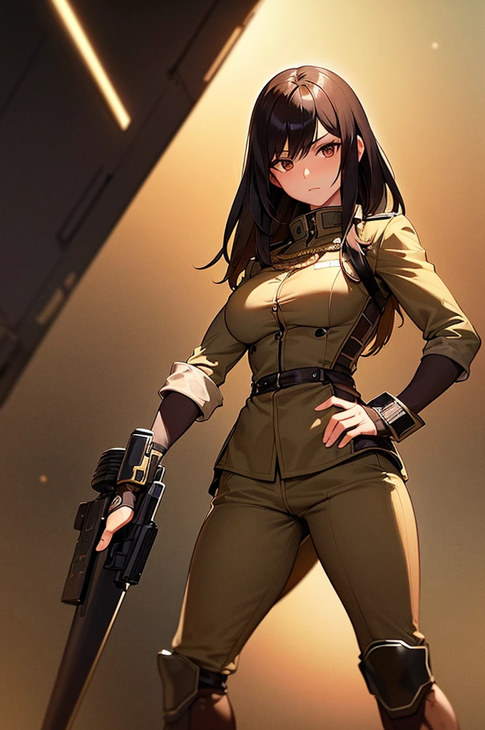 Content:
A black anime woman in a uniform inspired by German WW2 attire, standing in the desert. She has a mature face with long brown hair and brown eyes, exuding confidence and authority. She is depicted as a military general.

Medium:
Concept art, digital illustration.

Style:
Inspired by Yasutomo Oka, Pixiv, Shin Hanga, Fujita Goro, Range Murata, and Artgerm. Incorporating elements from dieselpunk aesthetics and detailed, fine art.

Lighting:
Dramatic, with strong contrasts to highlight her authoritative presence and the intricate details of her uniform. Subtle shadows add depth and realism.

Colours:
A palette dominated by military greens, browns, and desert hues, with subtle highlights to bring out the texture of the uniform and her features. The background features a desert landscape, emphasizing the military theme.

Composition:
A full-body shot, showcasing her mature and confident stance. She stands with a commanding presence, right hand saluting, and left hand behind her back. The desert environment enhances her military aura and the overall composition.